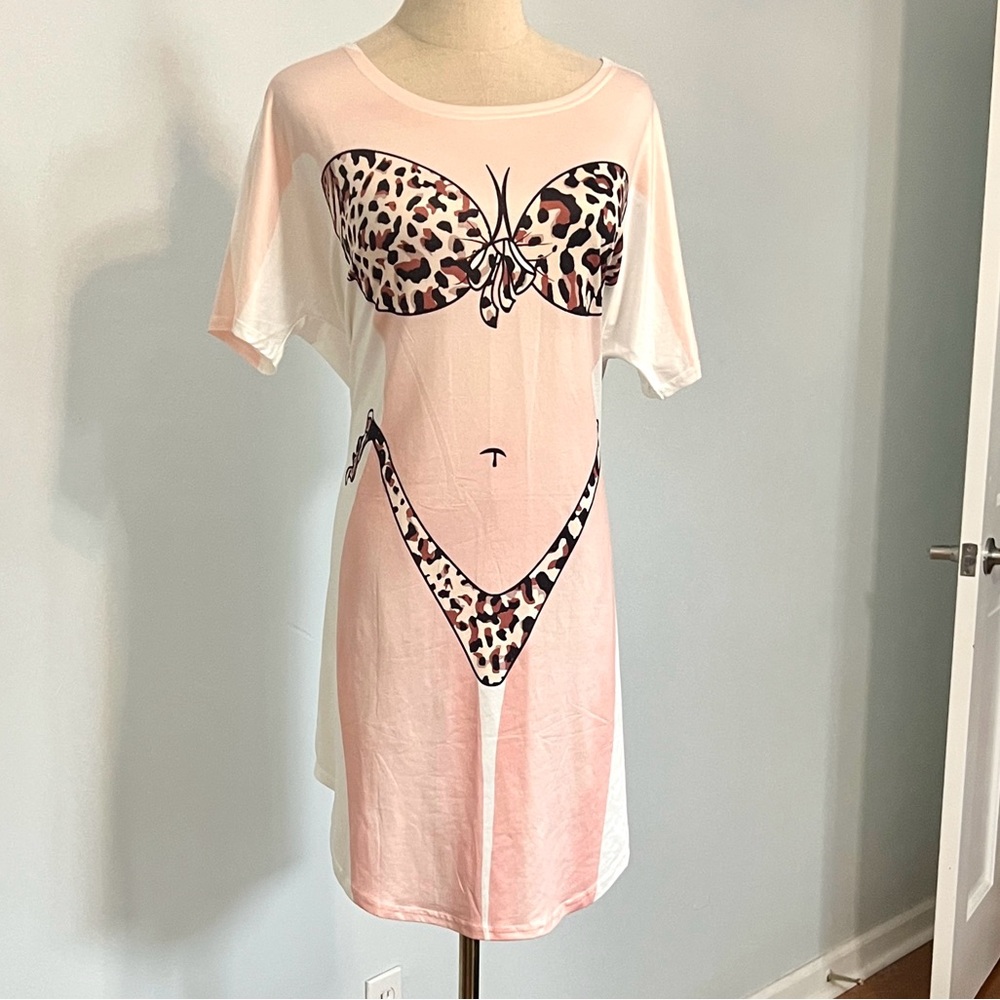 Ekouaer Pink Leopard Bikini Illusion Nightgown Lounge Sleep Dress Stretch Size S - Picture 2 of 9